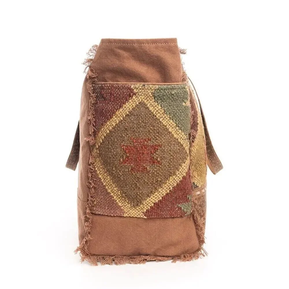 Myra Bag Handmade Mahsen Weekender Bag Upcycled Canvas & Cowhide Leather